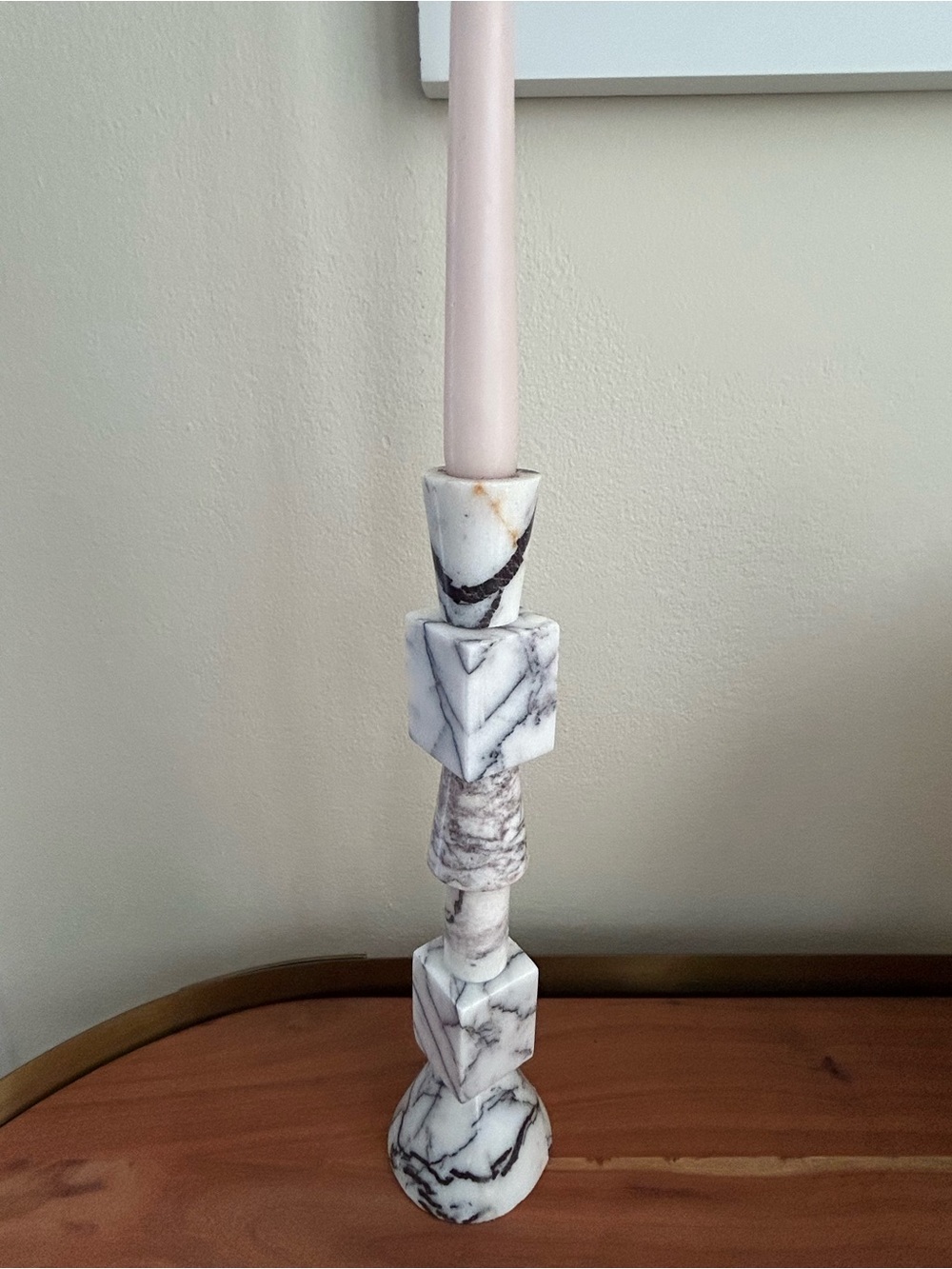 CB2 White Marble Geometric Taper Holder with Pink Candle